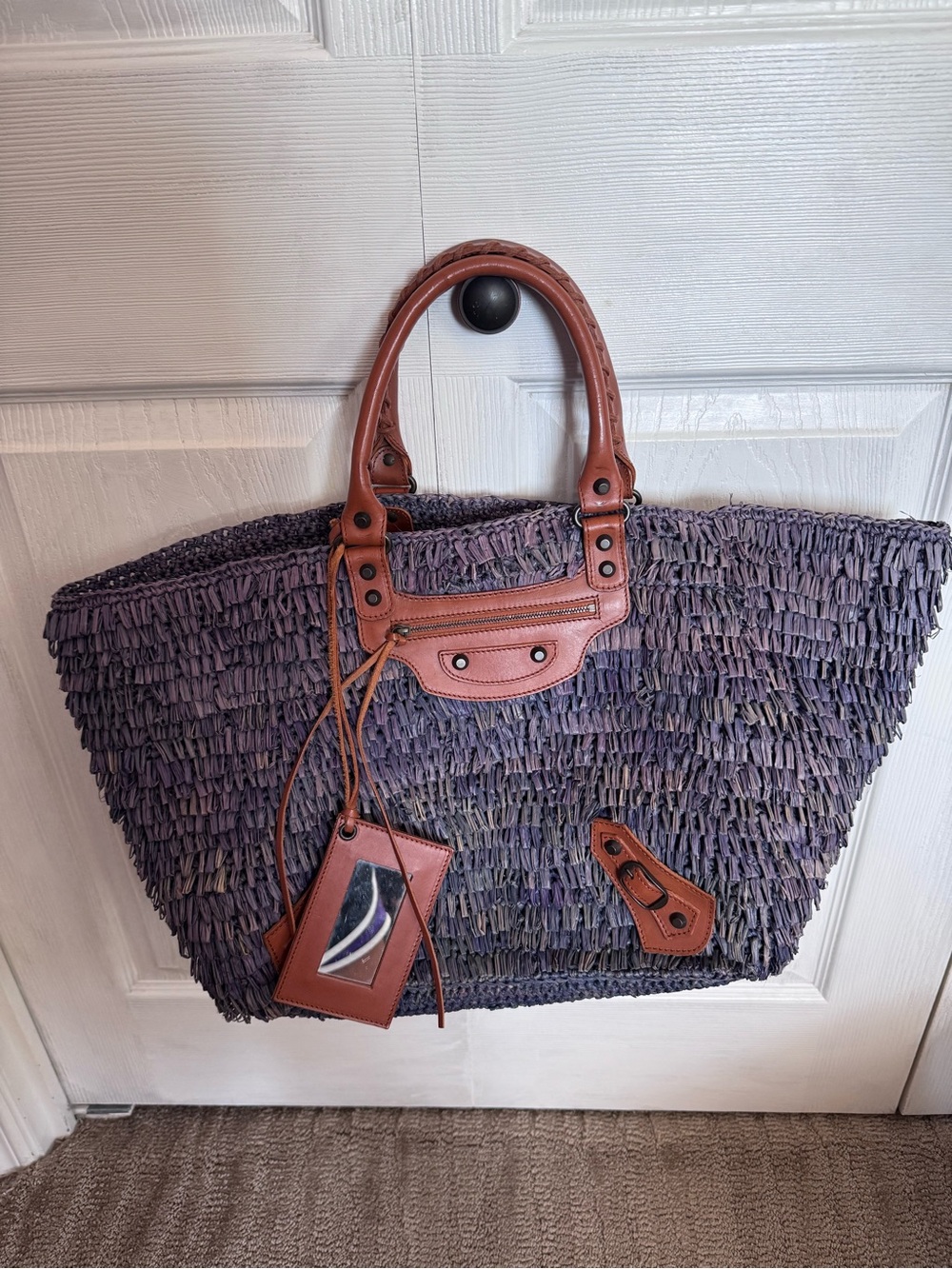 Balenciaga Purple Raffia Woven Basket Tote with Brown Leather Trim